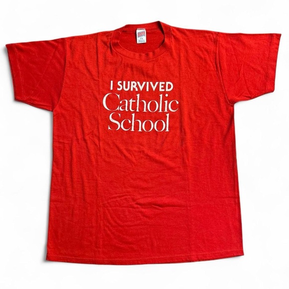 Vintage 80s Screen Stars Best T-Shirt I Survived Catholic School Red USA XL (L) - Picture 1 of 8